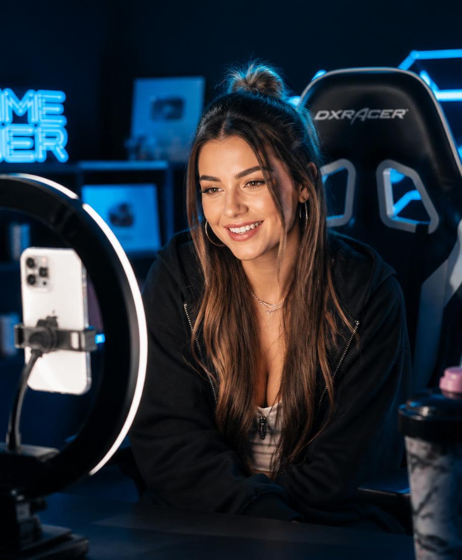 Female creator streaming with blue neon light